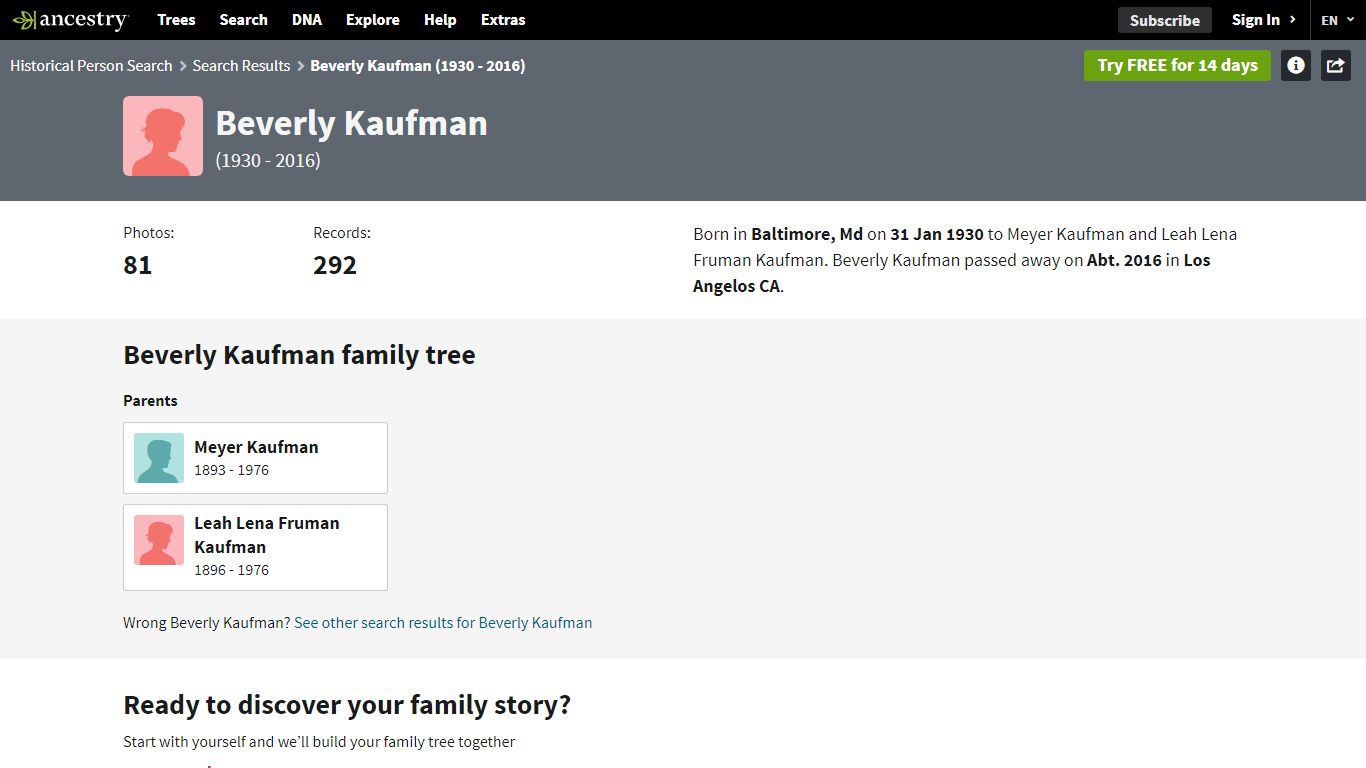Beverly Kaufman 1930-2016 - Ancestry®